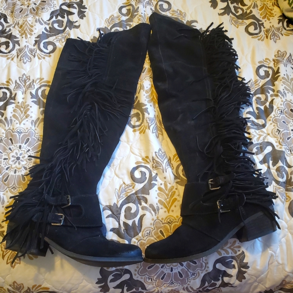 NAUGHTY Monkey Knee High Boots Black Fringe Suede 7.5 Gently Worn